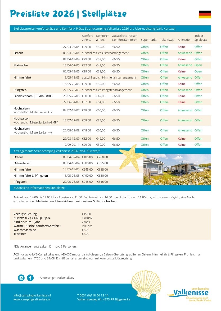 Preisliste Stellplätze 2026 Valkenisse DU